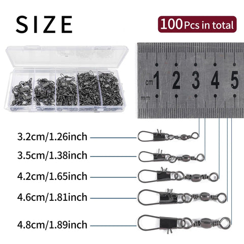 100 Piece Fishing Swivels Set In 5 Sizes 2 4 6 8 10 Barrel Snap Swivels For Quick Linking Of Lures And Lines Heavy Duty Carbon Steel Tackle Kit With Storage Box showing sizes and measurements with ruler