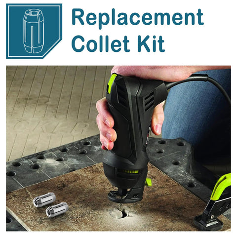 Two Pack Replacement Collet Kit For CN1 And DeWalt Spiral Saws And Drywall Cutout Tools 5 32 Inch Collets in use on wood