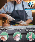 Chef using Zero Drama Disposable Poly Gloves For Food Prep And Slick Kitchen Grade Safety Gear For Cooking And Serving Delivers Super Thin Yet Tough Polyethylene Protection.
