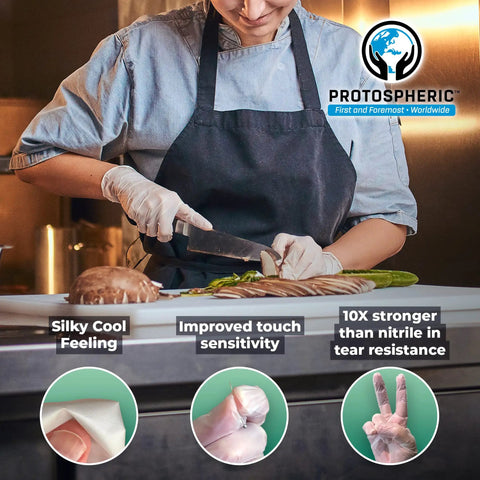 Chef using Zero Drama Disposable Poly Gloves For Food Prep And Slick Kitchen Grade Safety Gear For Cooking And Serving Delivers Super Thin Yet Tough Polyethylene Protection.