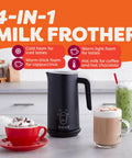 4 In 1 Electric Milk Frother And Steamer With 10oz Capacity in black on kitchen counter, with various foam and drink options shown.