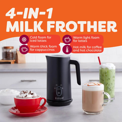 4 In 1 Electric Milk Frother And Steamer With 10oz Capacity in black on kitchen counter, with various foam and drink options shown.