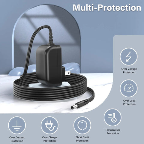 Reliable 8V 1A AC To DC Charger With 10 Interchangeable Jacks UL Listed Regulated Output Energy Efficiency VI Overload Overcurrent Overvoltage And Overheat Protection Safe Charging Of 8 Volt Devices black corded adapter shown with plug and protection icons