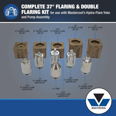 Mastercool 71098 37°/double flaring adapter set; silver metal adapters, hydraulic tool compatible, 3/16–1/2 in range