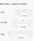 Diagram showing three sizes of Gold Cabinet Handles 3 Inch 76mm Pack Of 3 Minimalist Modern Dresser Pulls For Cabinets And Drawers