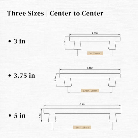 Diagram showing three sizes of Gold Cabinet Handles 3 Inch 76mm Pack Of 3 Minimalist Modern Dresser Pulls For Cabinets And Drawers