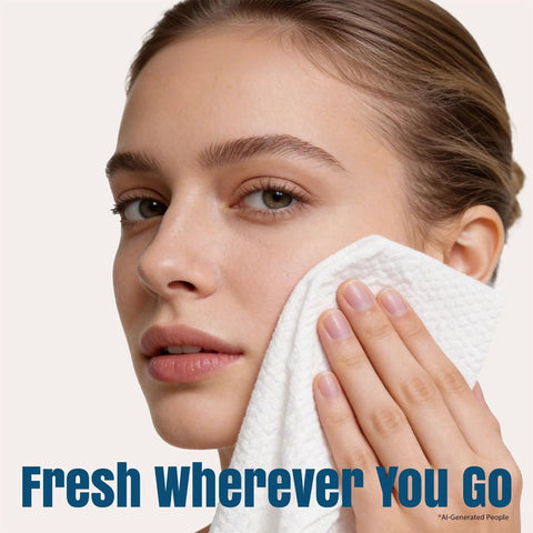 Woman using On The Go Mini Water Activated Towel Tablets, Disposable Washcloths That Expand With Water on face, soft and lint-free