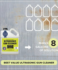 Front view of white plastic Ultrasonic Gun Cleaner bottle with yellow label; eight-gallon graphic shows 8 gallons.