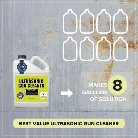 Front view of white plastic Ultrasonic Gun Cleaner bottle with yellow label; eight-gallon graphic shows 8 gallons.