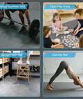 People using Interlocking Foam Puzzle Gym Mats 24x24 Inch Half Inch Thick Durable Exercise Floor Tiles for home and garage activities.