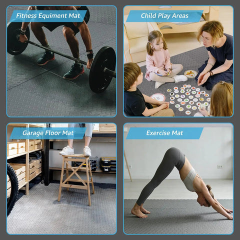 People using Interlocking Foam Puzzle Gym Mats 24x24 Inch Half Inch Thick Durable Exercise Floor Tiles for home and garage activities.