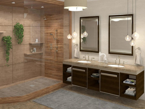 Modern bathroom with glass-enclosed shower, vanities with mirrors, and pendant lighting.