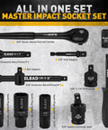 96 Piece Three Eighths Inch Drive Impact Socket Set With SAE Five Sixteenths To Three Quarters Inch And Metric Eight To Twenty Two Mm Sockets Standard And Deep, Ratchet Handle, Bit Set, Universal Joint, Extension Bar, Adapters, And Spark Plug Sockets. 3/8" drive tools and sockets