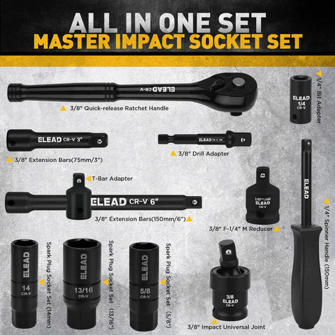 96 Piece Three Eighths Inch Drive Impact Socket Set With SAE Five Sixteenths To Three Quarters Inch And Metric Eight To Twenty Two Mm Sockets Standard And Deep, Ratchet Handle, Bit Set, Universal Joint, Extension Bar, Adapters, And Spark Plug Sockets. 3/8" drive tools and sockets