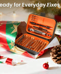 Holiday-themed display of Ultra Compact Precision Screwdriver Set with Aluminum Handle inside gift wrapping