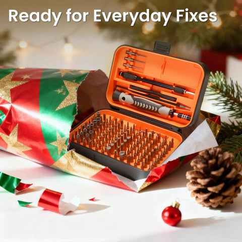 Holiday-themed display of Ultra Compact Precision Screwdriver Set with Aluminum Handle inside gift wrapping