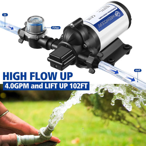 Self Priming 115V Water Pump 4 GPM 45 PSI Diaphragm Booster in use for garden irrigation with fittings, strainer, and filter
