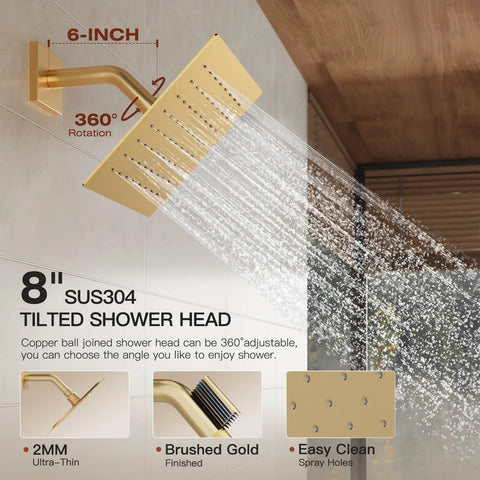 Legit Top Shelf Gold Shower System With Heavy Duty All Metal Dual Rainfall Ceiling And Wall Mount Handheld Sprayer Featuring Quick Push Button Diverter Valve For Solid Fresh Bathroom Refresh Project Upgrade