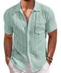 Men's Knit Short Sleeve Button Down Shirt Vintage Polo Beach Top In Ice Green Lightweight Breathable Knit Casual Summer Everyday Wear Soft Comfort Wrinkle Free And Easy Care