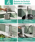 HEROBAI Waterfall Kitchen Faucets with Glass Rinser &Sprayer Brushed Nickel showcasing four modes for versatile kitchen use.