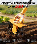 Cordless Tiller Cultivator For Lawn And Garden, 330 RPM Electric Garden Tiller in action on soil, compatible with DeWalt batteries