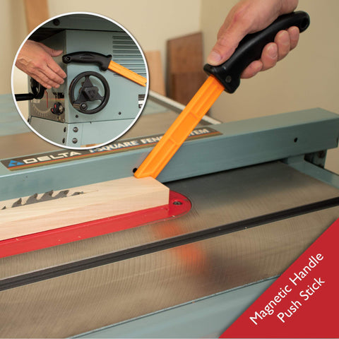 4 Piece Woodworking Safety Kit With Magnetic Push Stick near table saw blade for boost safety and reduce kickback