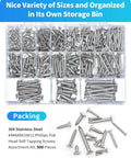 Hardcore 304 Stainless Steel Screw Assortment Kit With Phillips Flat Head Self Tapping Build For Wood And Sheet Metal In Sizes From Three Eighths To 2 Inches, 500 pieces organized in storage bin.