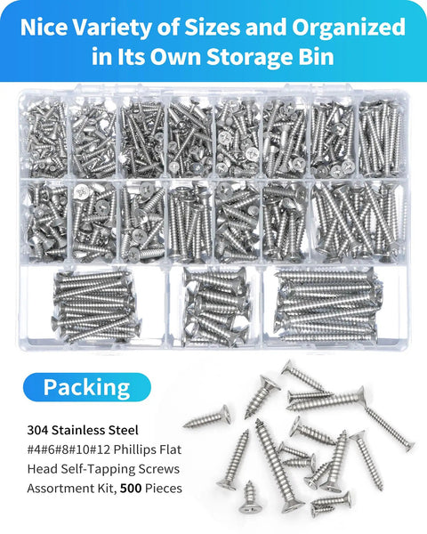 Hardcore 304 Stainless Steel Screw Assortment Kit With Phillips Flat Head Self Tapping Build For Wood And Sheet Metal In Sizes From Three Eighths To 2 Inches, 500 pieces organized in storage bin.
