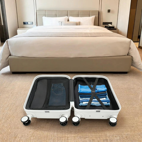 20 Inch Carry On Suitcase With Built In Cup Holder And Usb Charging Port Hardshell Travel Bag opened in hotel room with packed clothes.