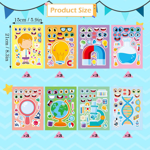 24 Pack Science Theme Make Your Own Face Stickers For DIY Crafts And Nerdy Science Party Games with 8 science designs