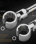 Close-up of Heavy Duty 22 Mm Socket Wrench With Smooth 180 Degree Swivel Head For Tight Spots, showing Cr-V steel material and socket details.