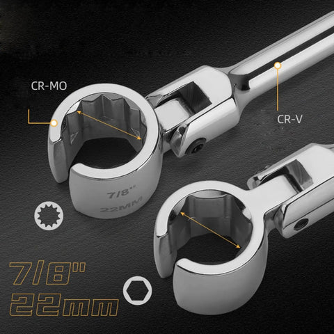 Close-up of Heavy Duty 22 Mm Socket Wrench With Smooth 180 Degree Swivel Head For Tight Spots, showing Cr-V steel material and socket details.