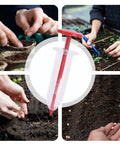 Collage showing Handheld Seed Spreader and Manual Planter Tool with Ergonomic Grip in use for precise planting of seeds in garden.