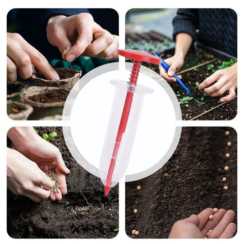 Collage showing Handheld Seed Spreader and Manual Planter Tool with Ergonomic Grip in use for precise planting of seeds in garden.