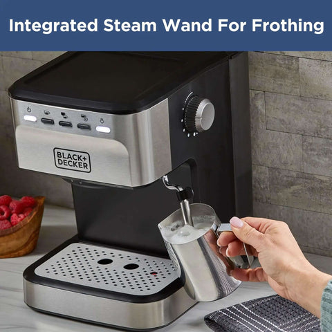 Semi-Automatic Espresso Machine With 15 Bar Pressure, Grounds Or ESE Pods Compatible, Built-In Milk Frother In Use