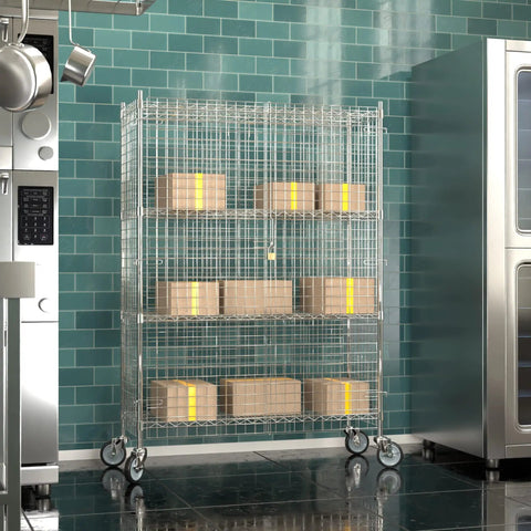Heavy Duty Chrome Wire Mesh Rolling Security Cage Rock Solid Mobile Storage Locker NSF Certified 48X18X70 Inch with boxes.