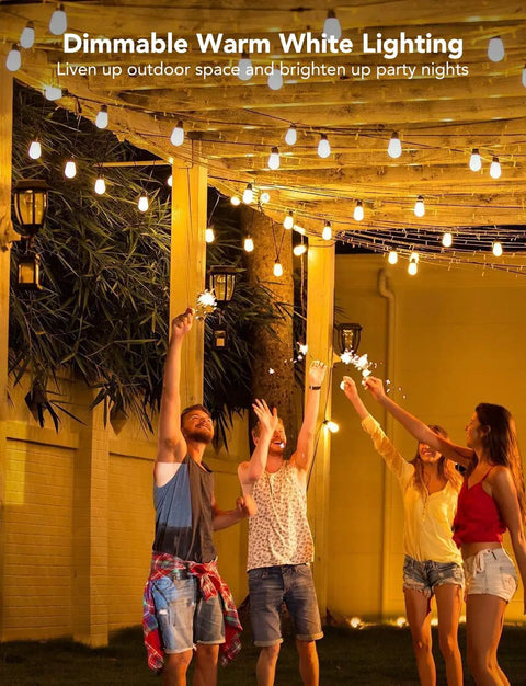 Group enjoying party under 48 Ft RGBIC Outdoor String Lights With 15 Dimmable LEDs IP65 Waterproof Color Changing Warm White