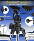 Detailed view of equatorial mount and slow-motion controls on Sweet 150mm Newtonian Reflector Telescope Kit For Adults And Beginners With 160x Magnification Carry Bag Stainless Tripod Moon Filter And Phone Adapter In Blue, showing adjustment mechanics.