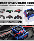 Traxxas Compatible RC ESC Cooling Fan And Heat Sink With 28000 RPM Airflow, fits 1/8-1/10 scale, showcases blue design and wiring.
