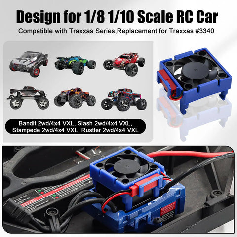 Traxxas Compatible RC ESC Cooling Fan And Heat Sink With 28000 RPM Airflow, fits 1/8-1/10 scale, showcases blue design and wiring.