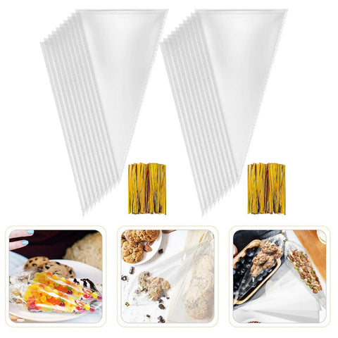 Cone Shaped Treat Bags For Popcorn And Snacks Pack Of 500 Clear Heat Resistant Pouches displayed with colorful treats