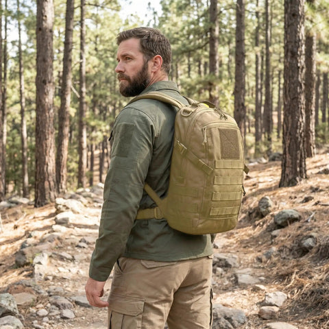 Man wearing Compact 12L Tactical Backpack For Outdoor Adventures in tan, hiking in forest, showcasing Molle compatible design