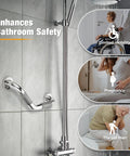Angled Shower Grab Bar 1-1/4 By 16 Inch Knurled Stainless Steel Safety Bar For Seniors And Handicap Bathrooms Wall Mount With Polished Nickel Finish And 15 Inch Hole Center shown in a bathroom setting.