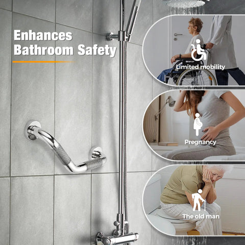 Angled Shower Grab Bar 1-1/4 By 16 Inch Knurled Stainless Steel Safety Bar For Seniors And Handicap Bathrooms Wall Mount With Polished Nickel Finish And 15 Inch Hole Center shown in a bathroom setting.