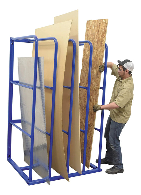 Heavy Duty Workhorse Steel Sheet Rack For Vertical Plywood Storage 84X50X44 Inches with sheets organized and a user in action.