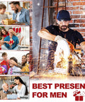 Collage featuring a man using a power tool and gift occasions for Father's Day, Christmas, Housewarming, and Birthday.