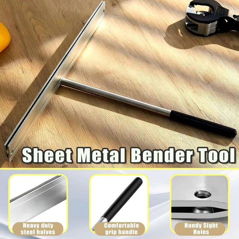 15.25 Inch Sheet Metal Bender Hand Tool With 1 Inch Fold Depth Manual Hemming Tool on wooden surface, silver with black handle.