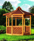 Legit Semi Solid Exterior Wood Stain And Weather Resistant Topcoat In Deep Butternut Tones Easy Brush Application Five Gallon Tub For Wooden Decks Fences And Outdoor Furniture Score This Top Shelf Finish Soon, shown on wooden gazebo in landscaped garden.