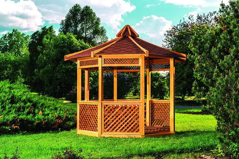 Legit Semi Solid Exterior Wood Stain And Weather Resistant Topcoat In Deep Butternut Tones Easy Brush Application Five Gallon Tub For Wooden Decks Fences And Outdoor Furniture Score This Top Shelf Finish Soon, shown on wooden gazebo in landscaped garden.