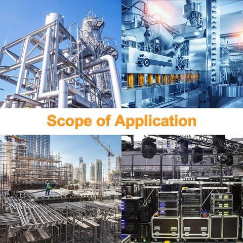 Image showcasing various industrial applications including construction, manufacturing, and event setups.
